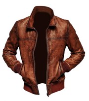 Mens Biker Vintage Distressed Brown Bomber Winter Leather Jacket 